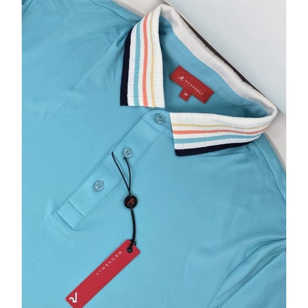 NEW Redvanly Mael Performance Polo Mens Size Medium Aqua Blue Striped Collar NWT